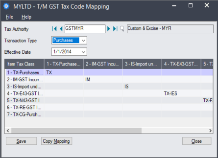 Image of the T/M GST Tax Code Mapping screen